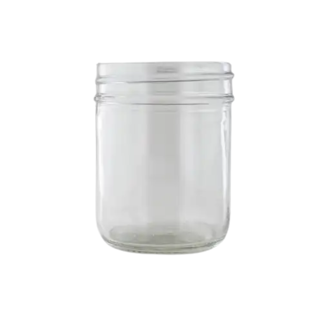 Clear glass jar with a lid on a white background