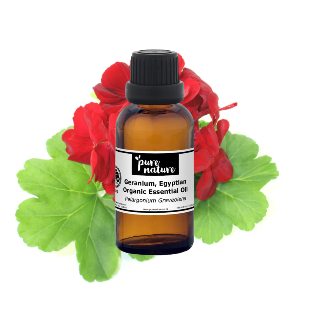 Organic Egyptian geranium essential oil in a glass bottle, highlighting natural, pure botanicals from purenaturenz.