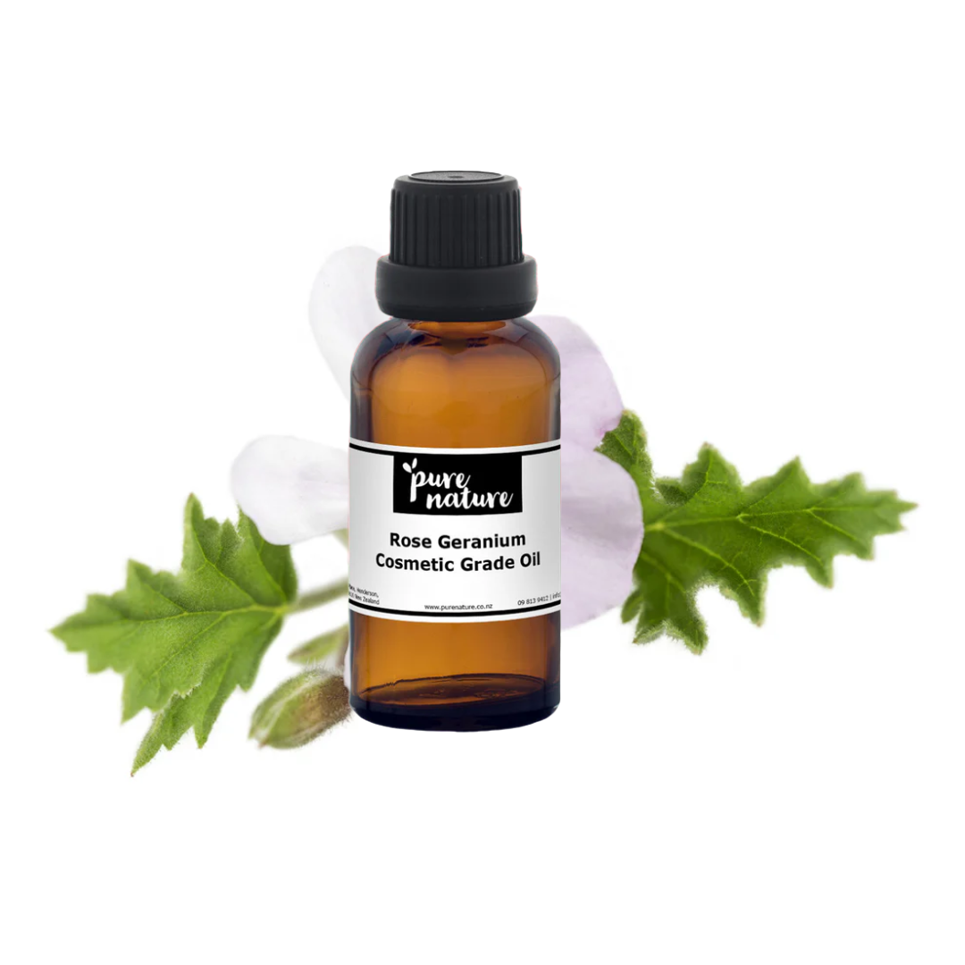 Purenaturenz rose geranium cosmetic grade essential oil in a glass bottle, showcasing vibrant pink flowers and green leaves.