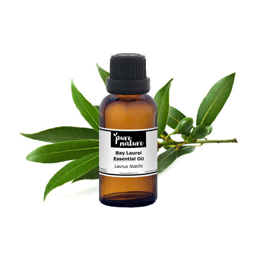 Bottle of purenaturenz Bay Laurel Essential Oil showing the label and cap, used for aromatherapy and natural health remedies.
