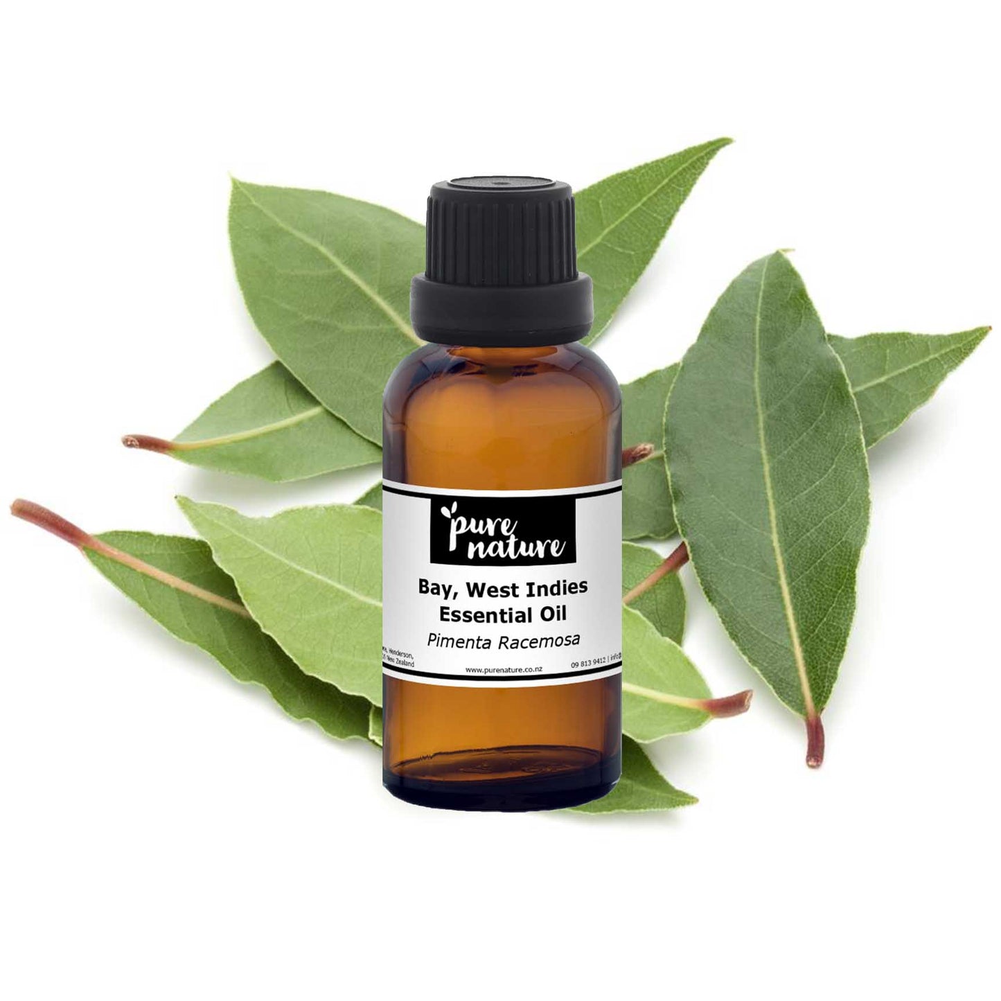 Purenaturenz West Indies Bay Essential Oil bottle with amber glass and label, showcasing natural product for aromatherapy and wellness.