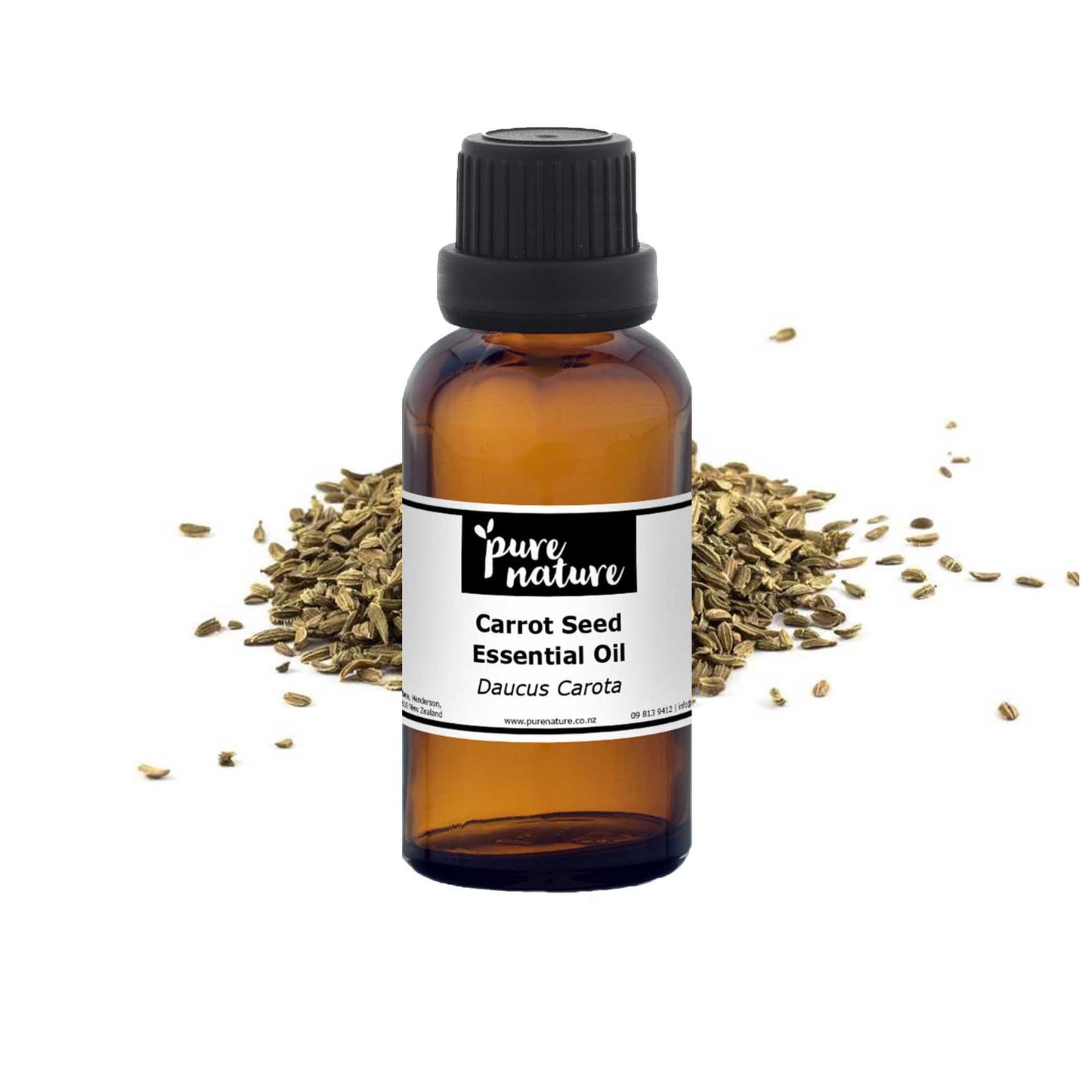 Bottle of purenaturenz carrot seed essential oil with a clear label, placed on a white background, showcasing the product.