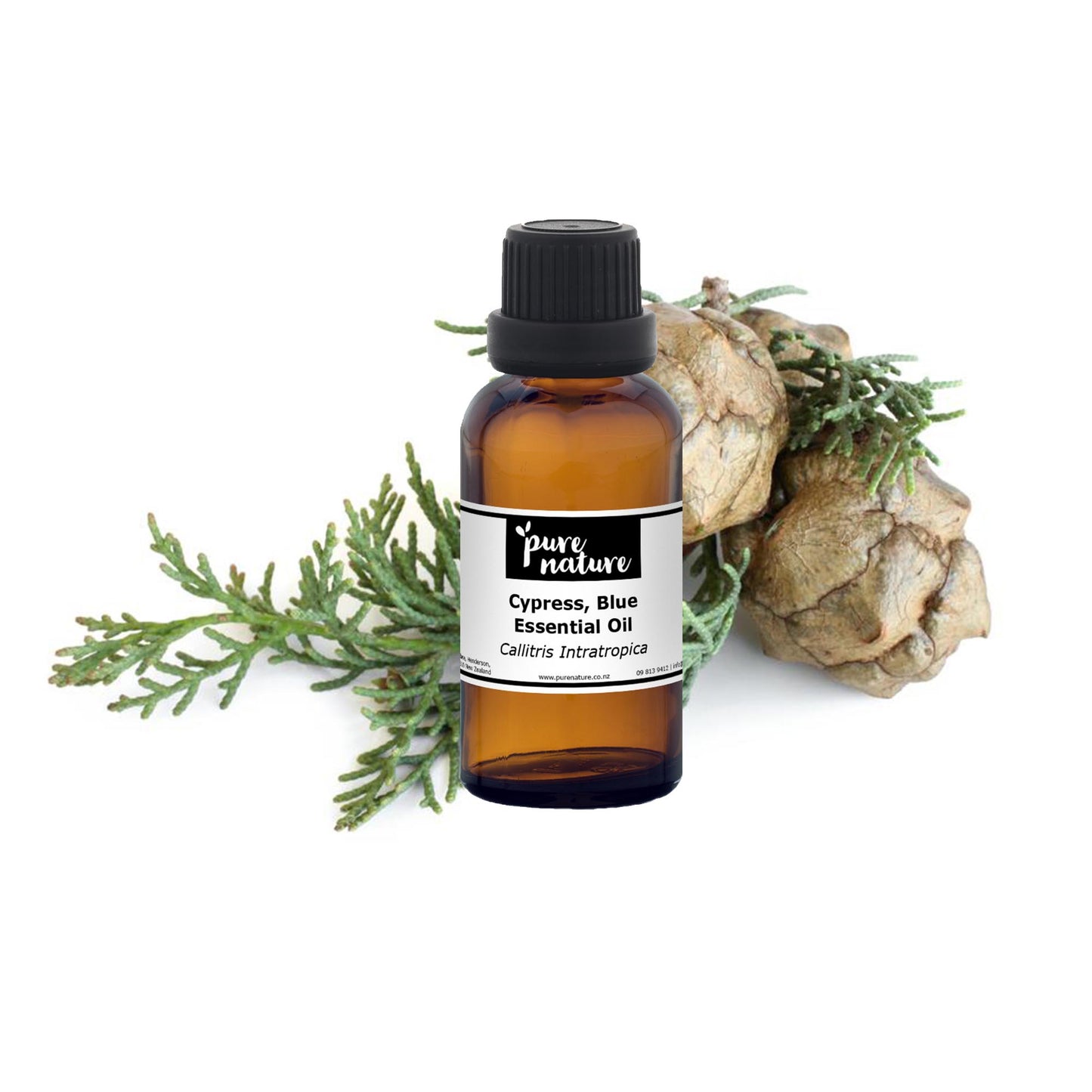 Purenaturenz Cypress Blue Essential Oil bottle with a natural wooden cap, showcasing the calming blue label and essential oil container.