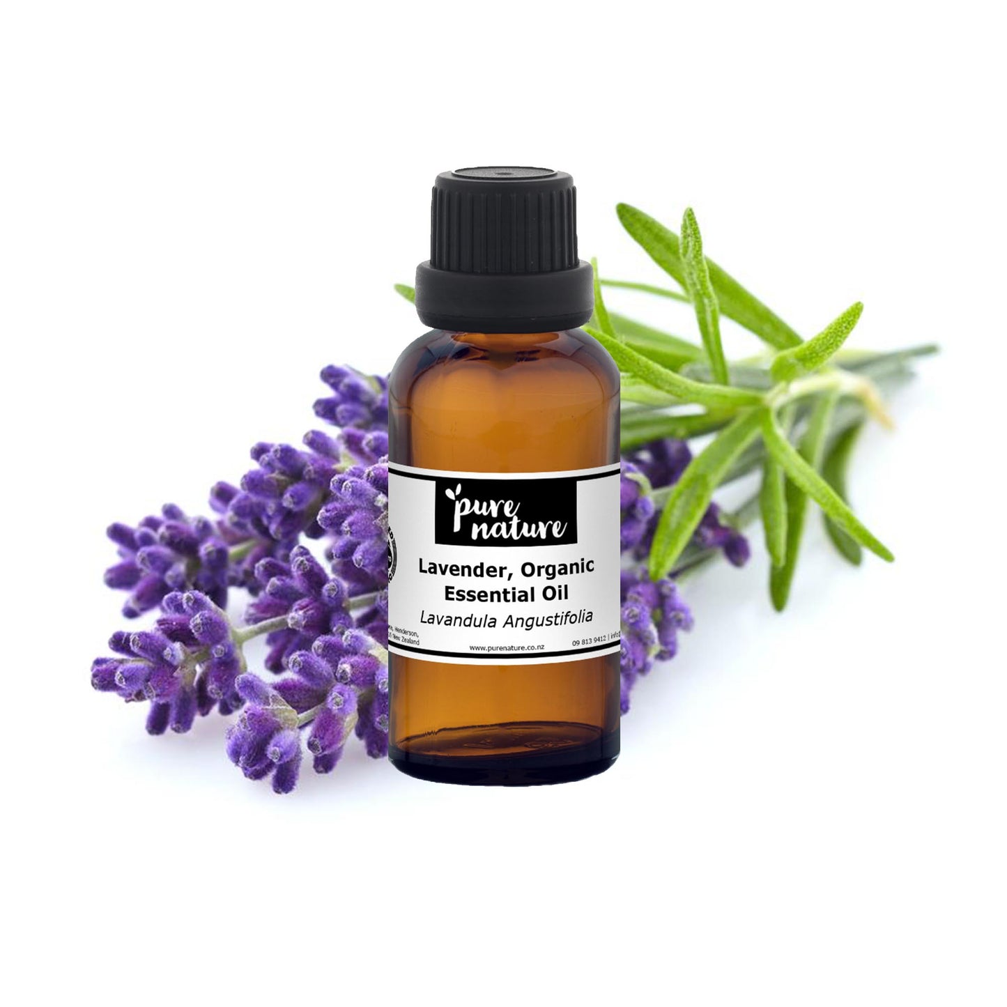 Organic lavender essential oil from purenaturenz in a glass bottle, with fresh lavender flowers beside it.