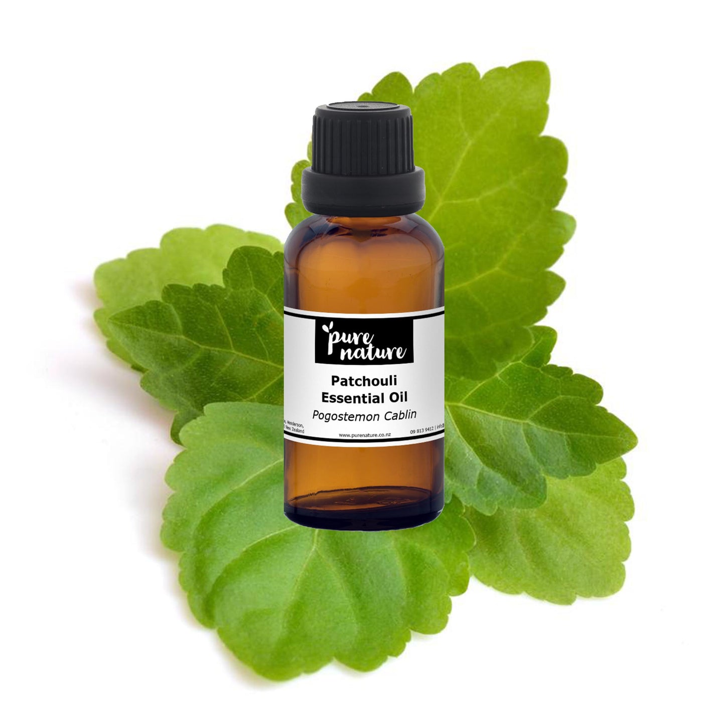 Bottle of purenaturenz Patchouli Essential Oil with a dark amber glass container and a white cap, placed on a neutral background.