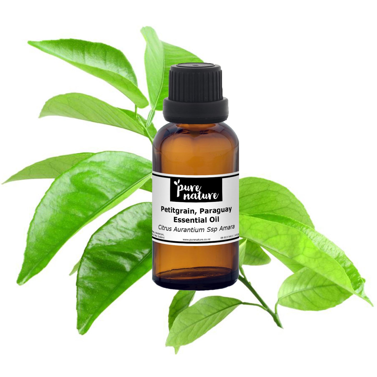 Purénaturenz Petitgrain Paraguay Essential Oil bottle, natural essential oil with fresh citrus scent, in a glass dropper bottle.