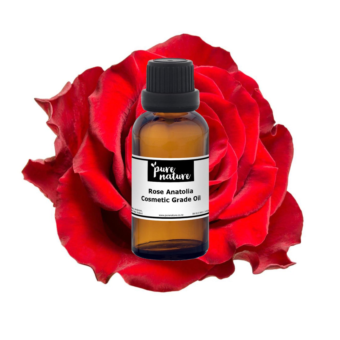 Bottle of purenaturenz Rose Anatolia cosmetic grade essential oil with rose petals and natural aroma in a glass bottle.