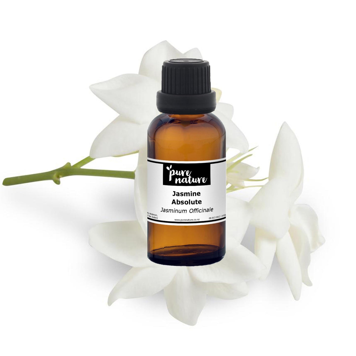 A bottle of purenaturenz Jasmine Absolute essential oil with jasmine flowers beside it, showcasing the natural product and floral aroma.