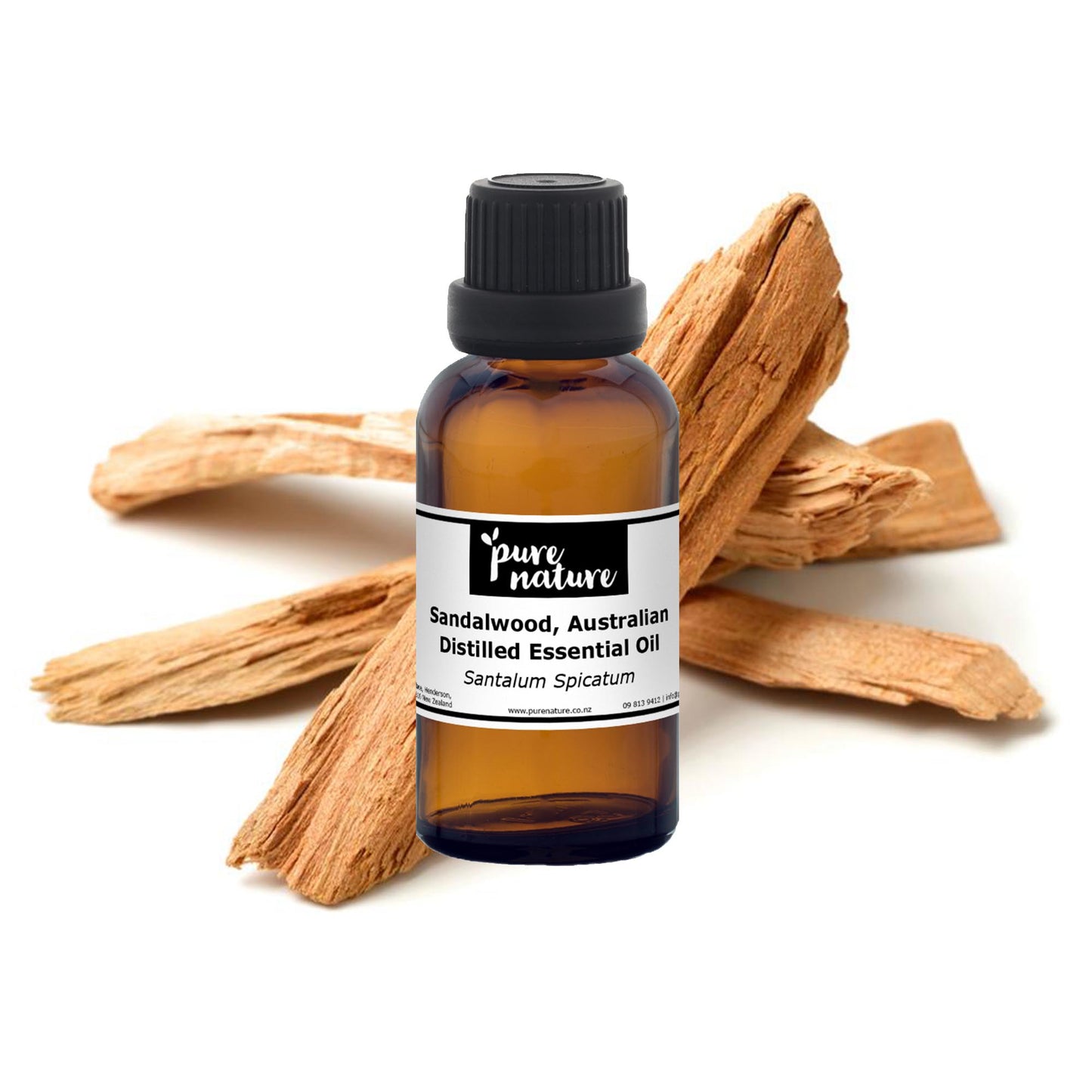 Australian sandalwood essential oil by purenaturenz, showcasing a glass bottle of fragrant natural sandalwood oil with a wooden cap.