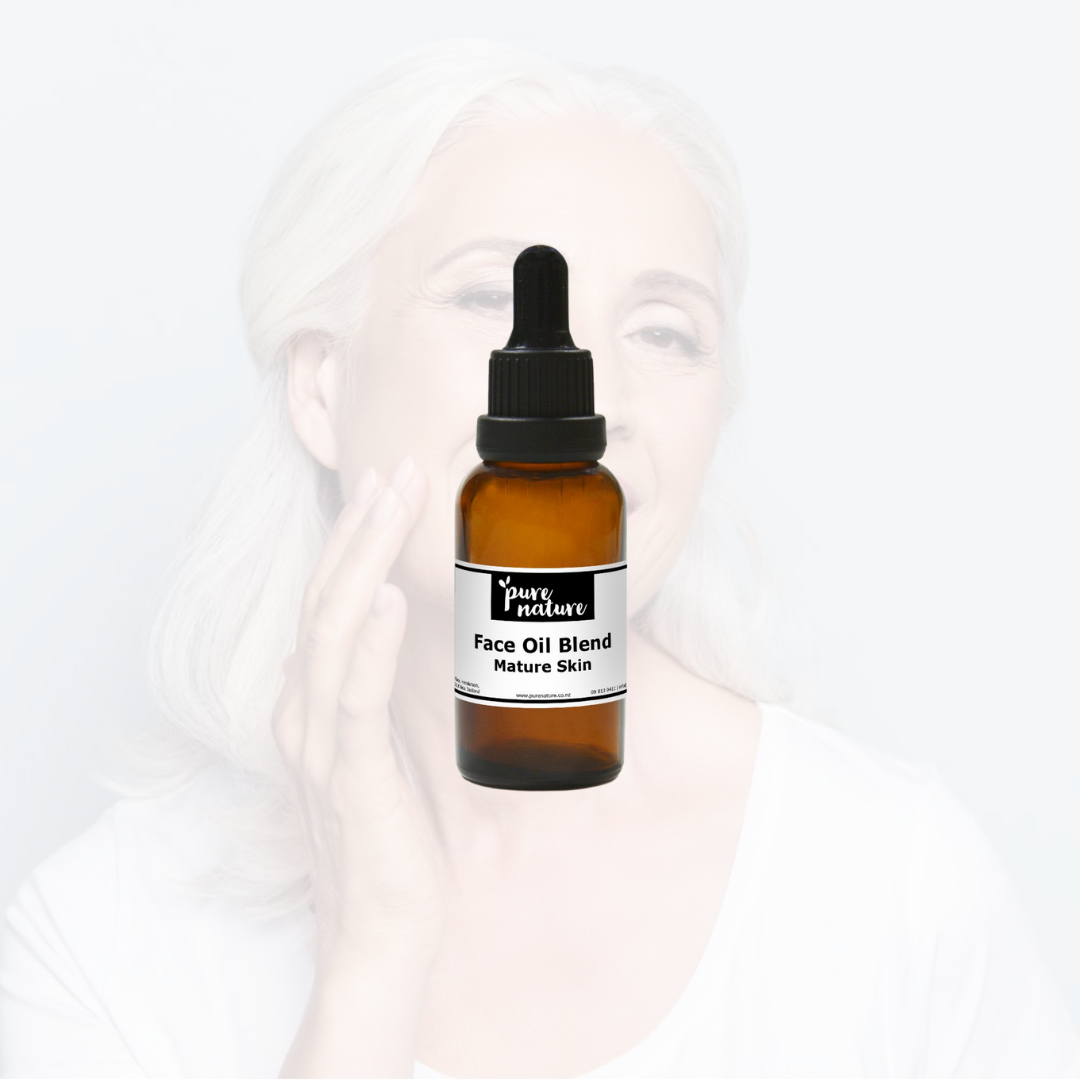 Purenaturenz face oil blend for mature skin, featuring natural essential oils in a dark glass bottle with a dropper.