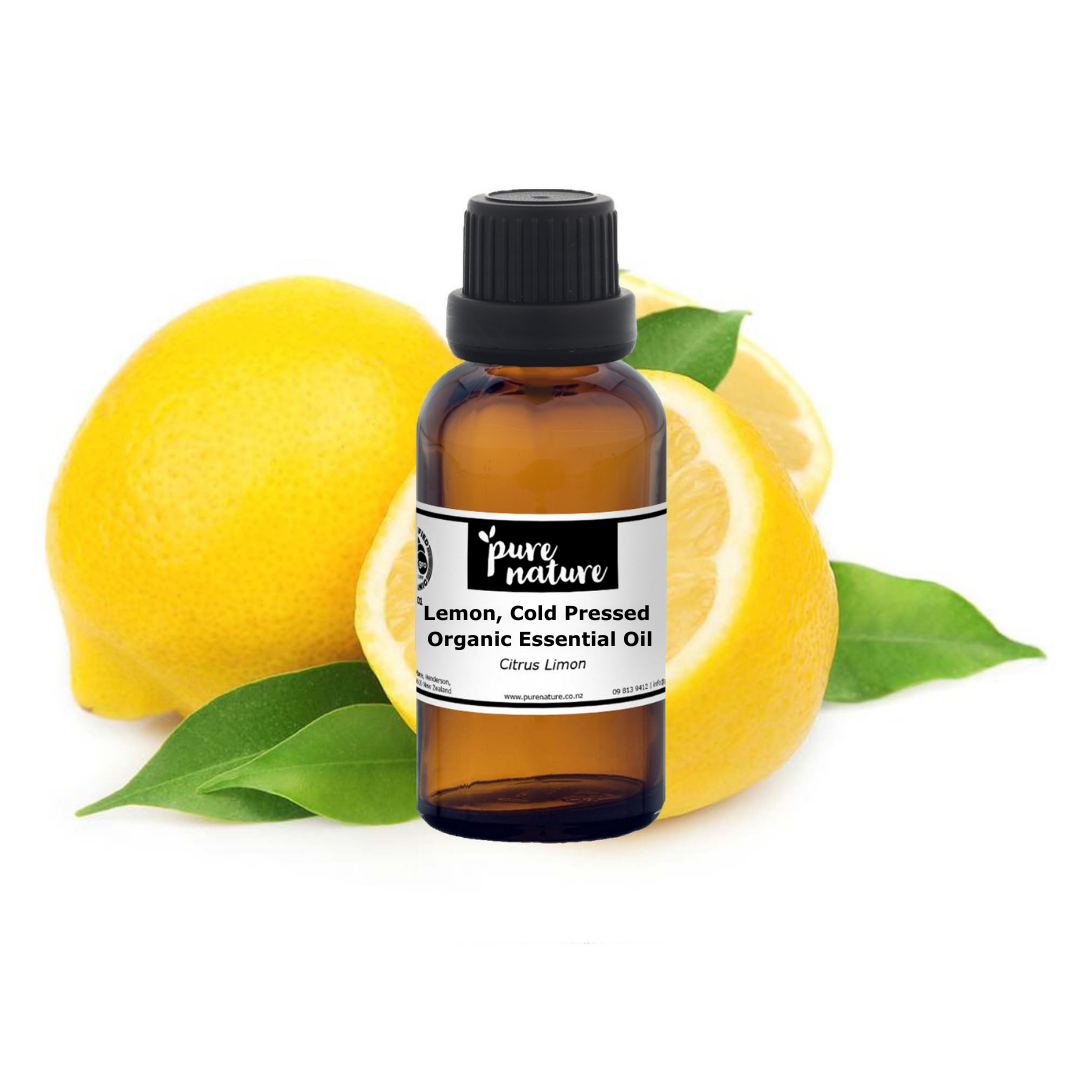 Organic cold-pressed lemon essential oil by purenaturenz, close-up of amber glass bottle with lemon slices and botanical background.