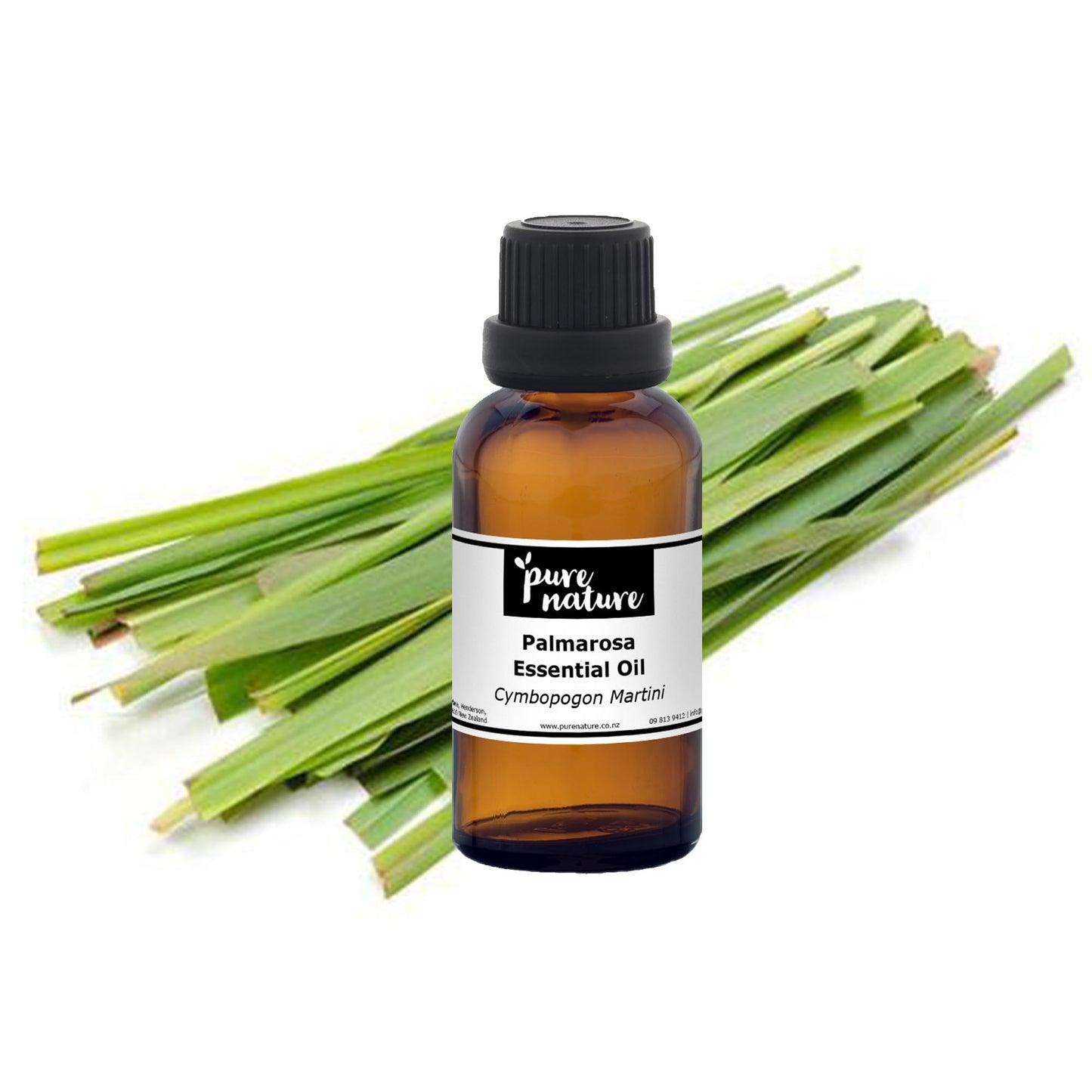 Botanical bottle of purenaturenz Palmarosa Essential Oil with fresh green leaves in the background.