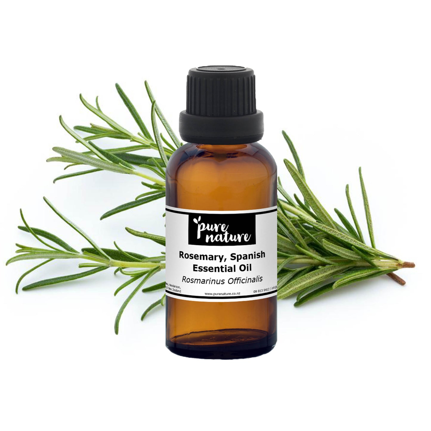 Bottle of purenaturenz Rosemary Spanish Essential Oil with fresh rosemary sprigs on a wooden background.