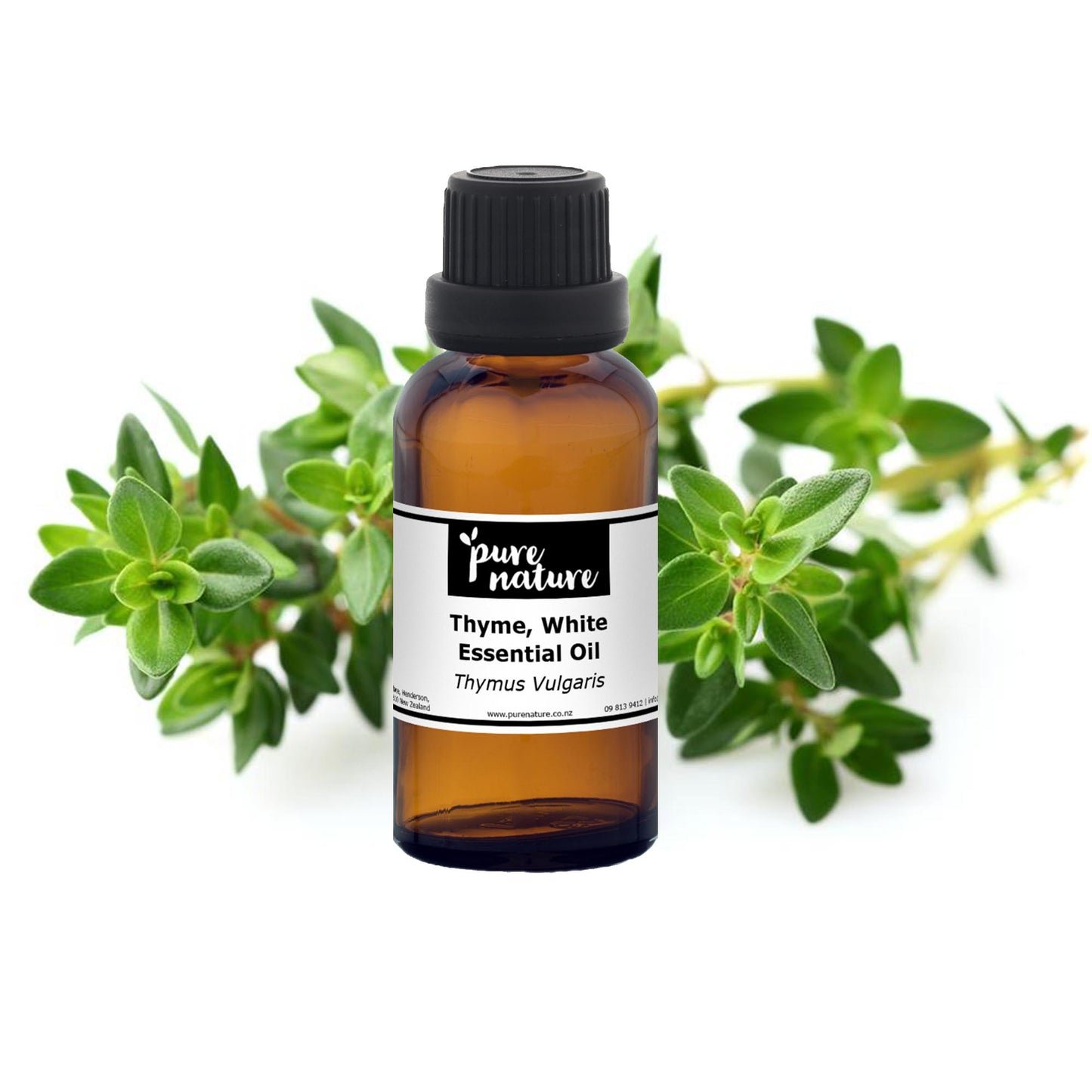 A bottle of purenaturenz white thyme essential oil with a sprig of fresh thyme on a white background.