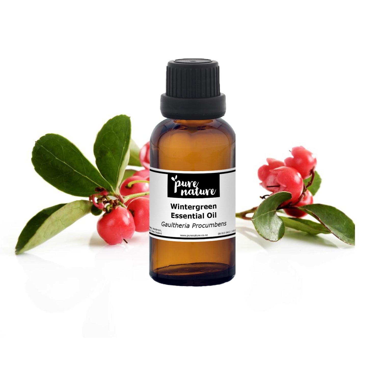 Purenaturenz Wintergreen essential oil bottle with dropper cap, highlighting natural botanical product for aromatherapy and wellness.