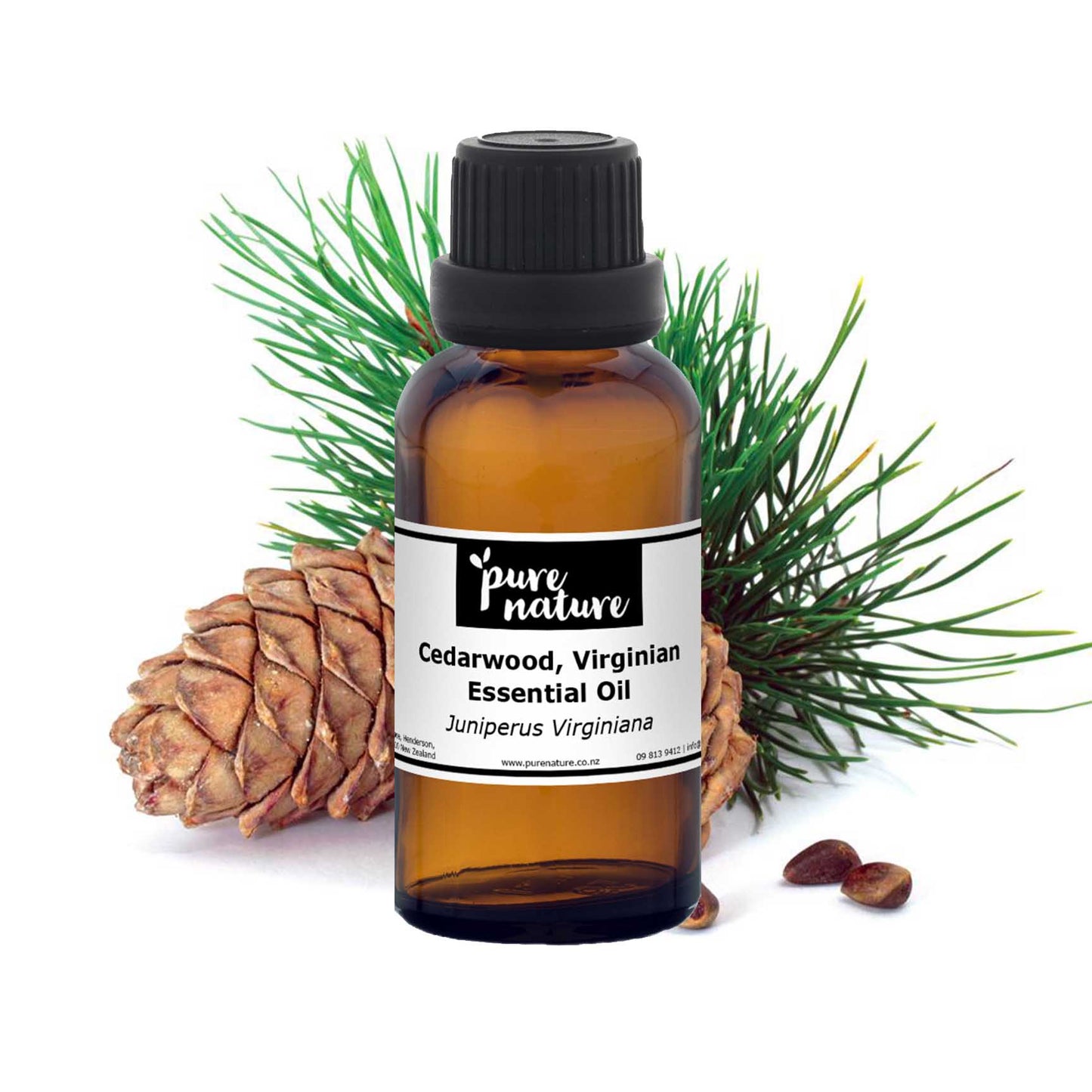 Bottle of purenaturenz Virginian Cedarwood Essential Oil with a wooden dropper and natural background.