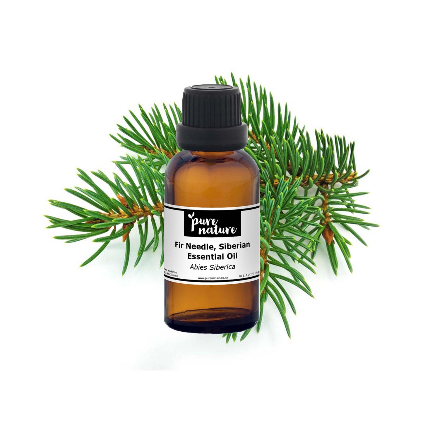 Siberian fir needle essential oil bottle from purenaturenz, showing the clear glass container with a green label and a sprig of fir needles