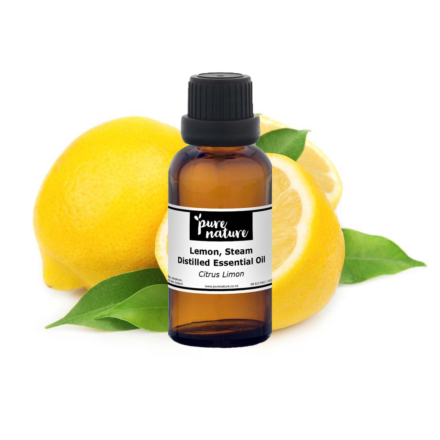Steam distilled lemon essential oil from purenaturenz in a glass bottle, highlighting bright yellow lemon slices and natural extraction process.