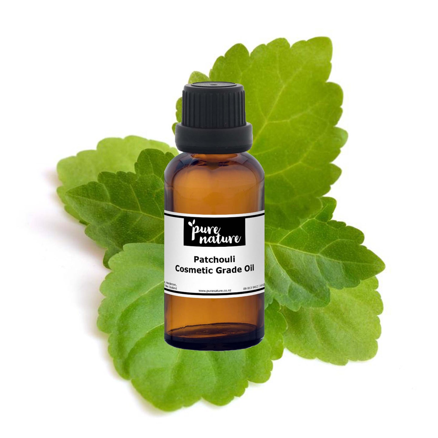 Bottle of purenaturenz Patchouli cosmetic grade essential oil showing a dark glass dropper bottle with a label and natural background