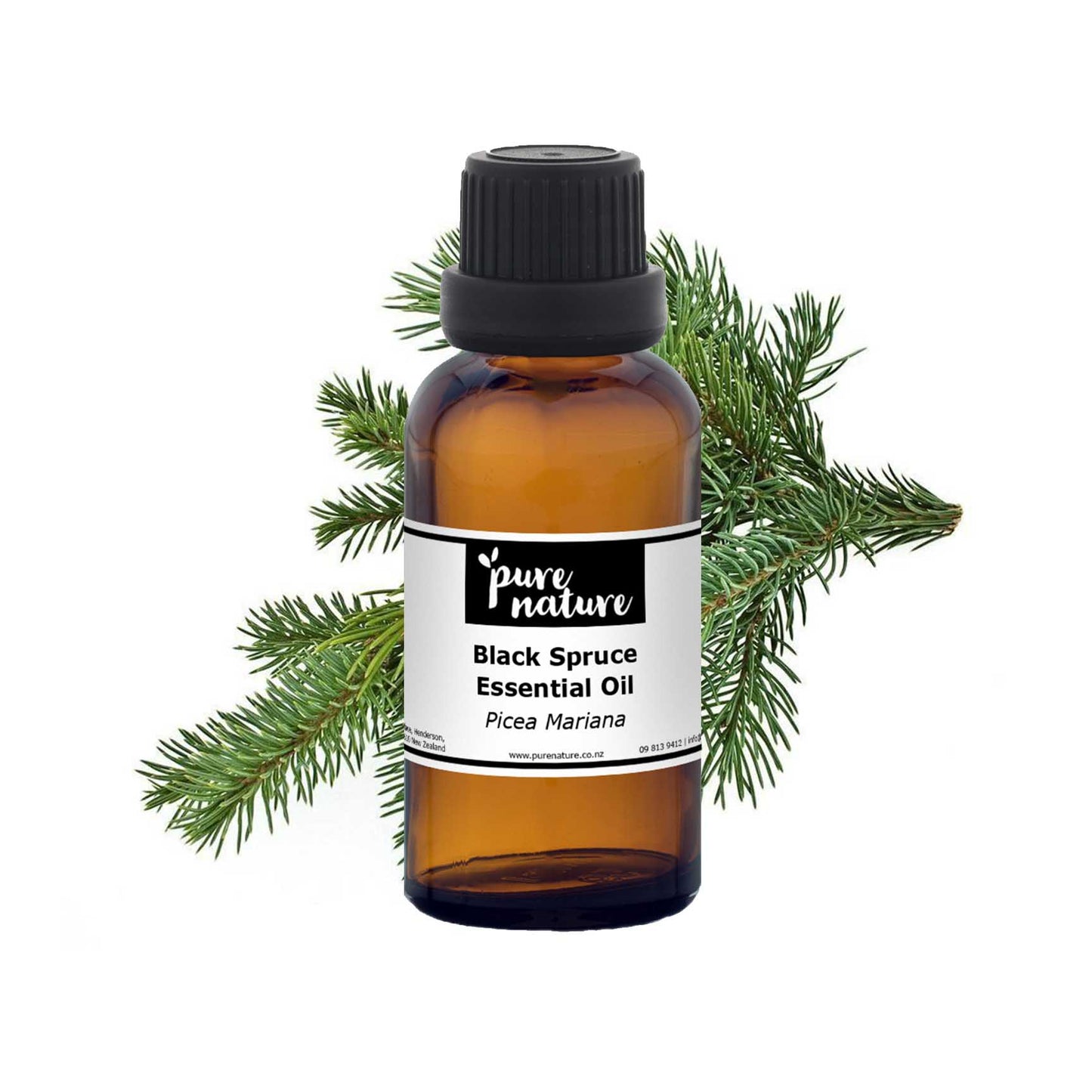 Black spruce essential oil from purenaturenz, showing a dark amber glass bottle with a black cap and a label with botanical details.