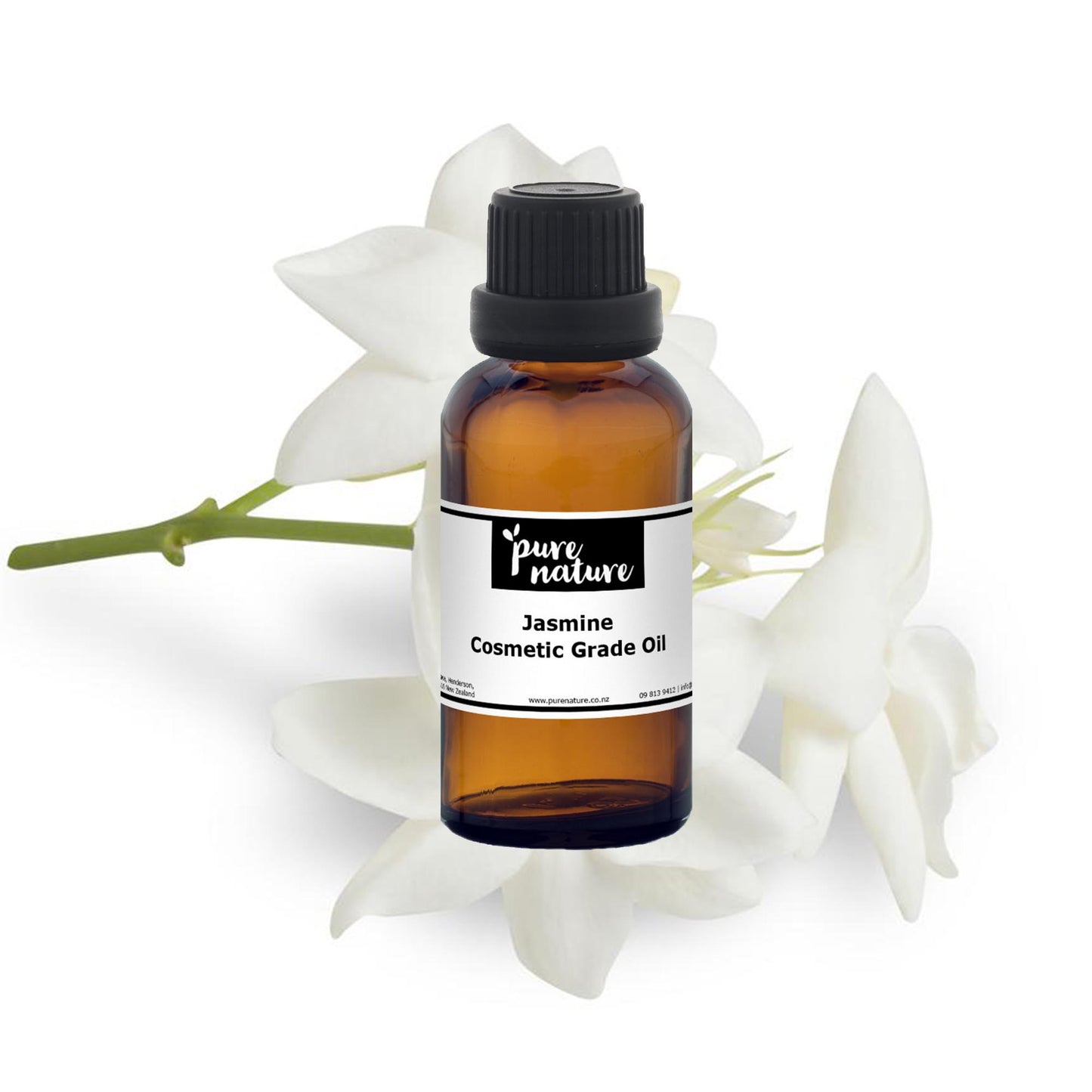 Pure jasmine cosmetic grade essential oil in a clear glass bottle with a white cap, ideal for skincare and aromatherapy use.