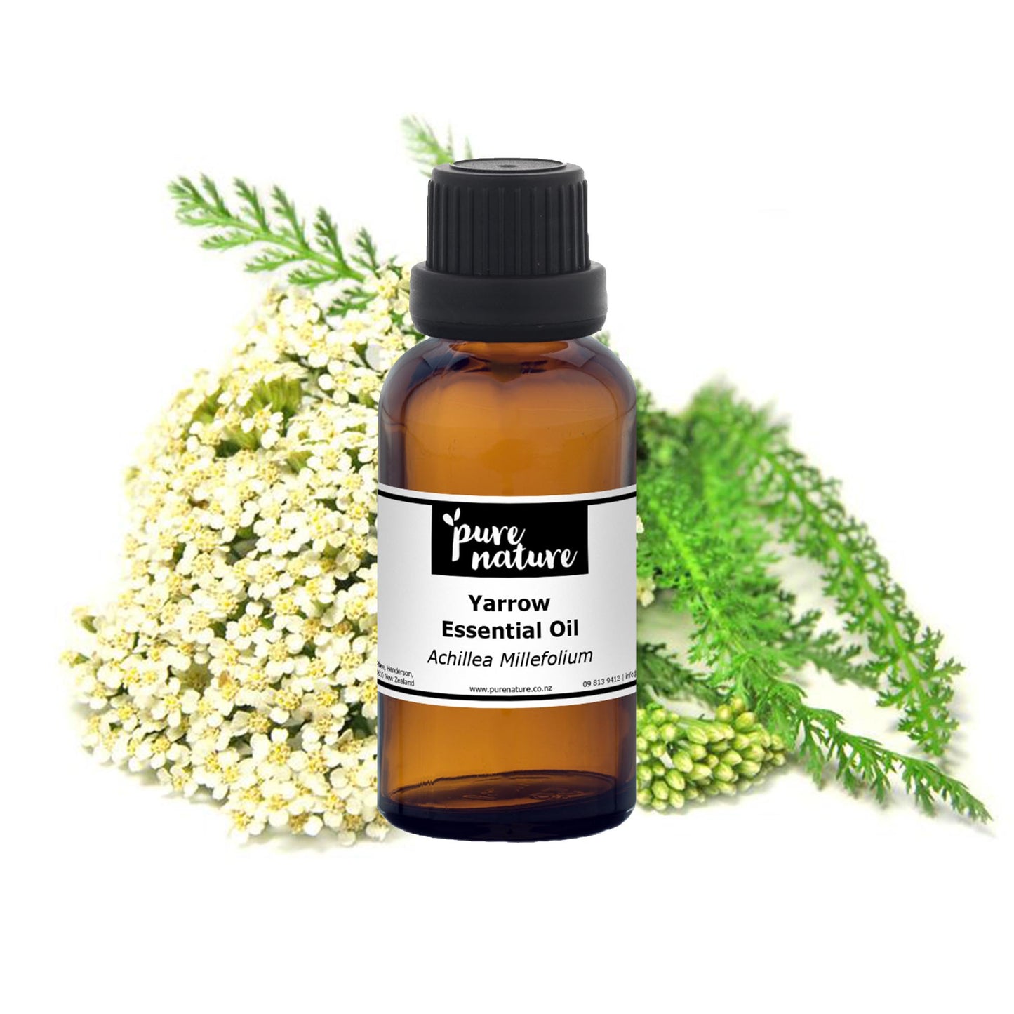Green Yarrow essential oil bottle from purenaturenz, showcasing amber glass and green label for natural aromatherapy use.