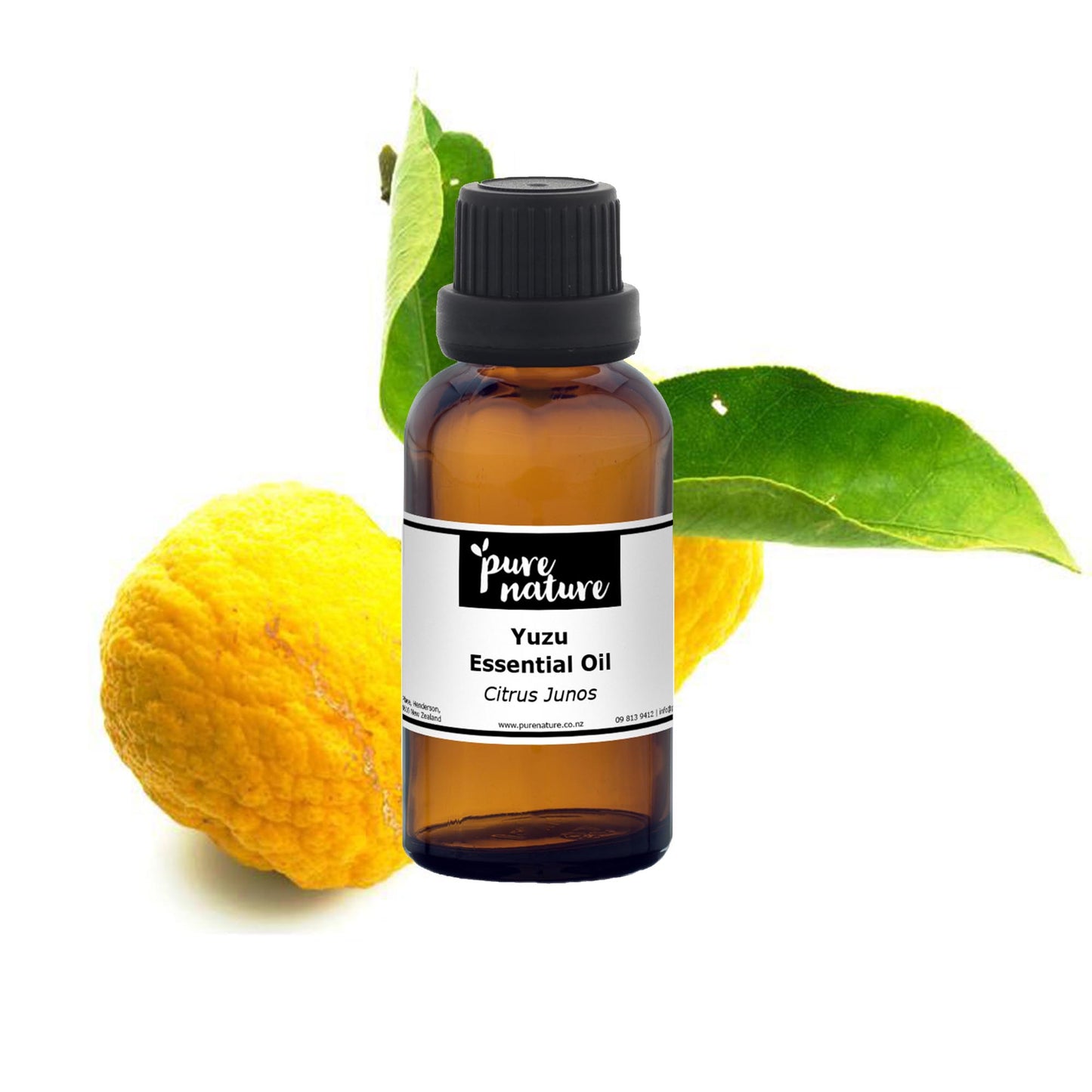 Bottle of purenaturenz Yuzu Essential Oil with fresh yuzu fruit and leaves on a white background.