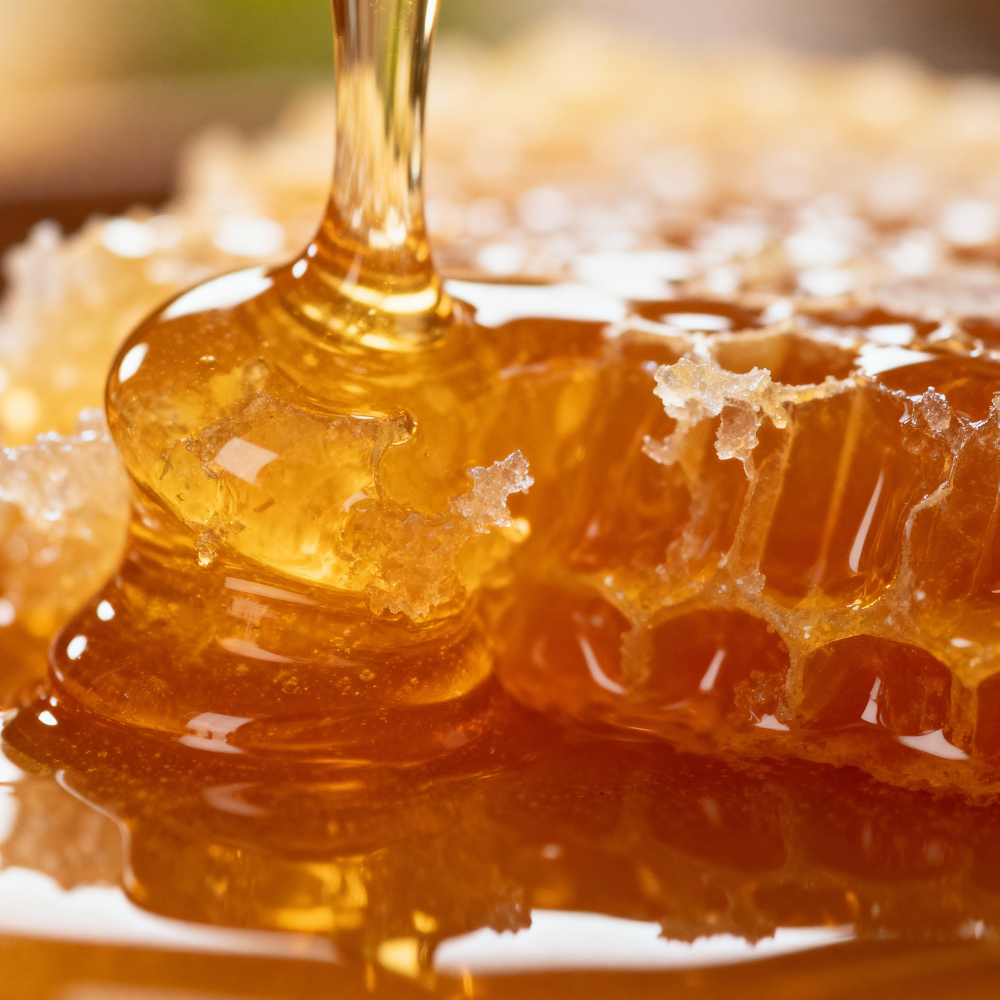 Close-up of golden honey dripping over a piece of honeycomb, with a glossy amber surface reflecting the honey below.