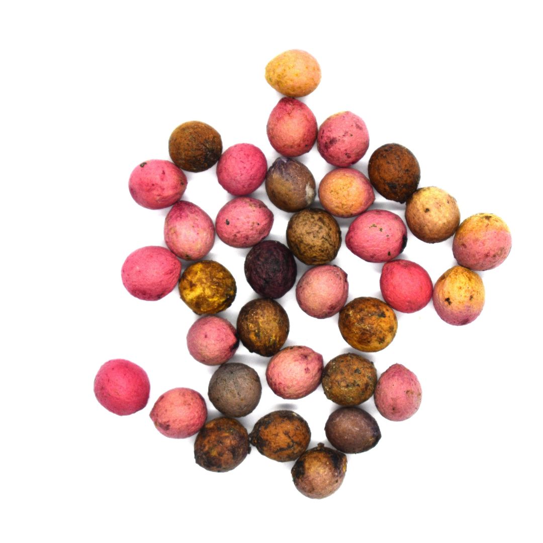 A pile of small, round, of Sandalwood Seed seeds