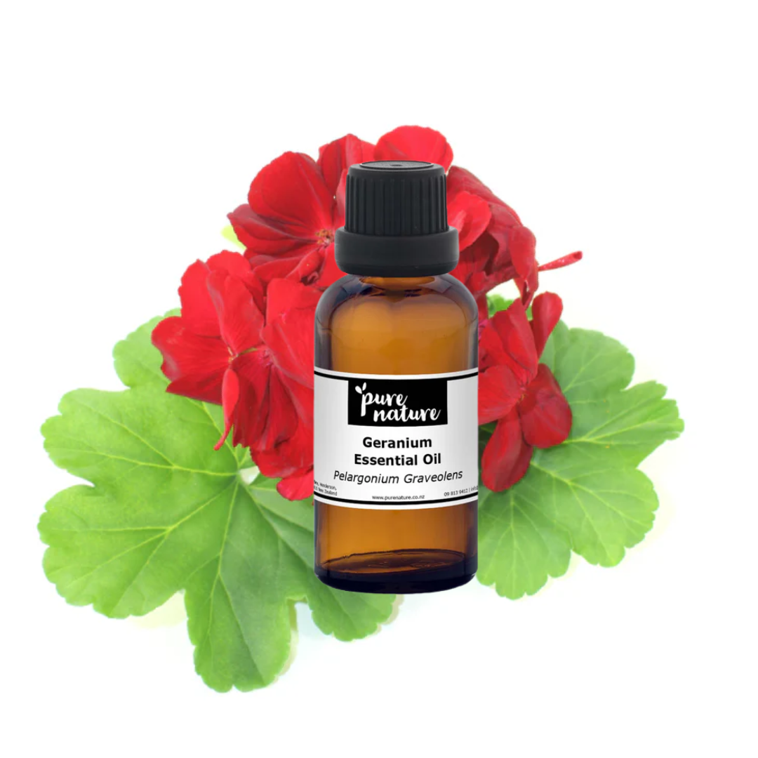 Bottle of purenaturenz Geranium Essential Oil with a clear label, showcasing the natural essential oil product on a neutral background.