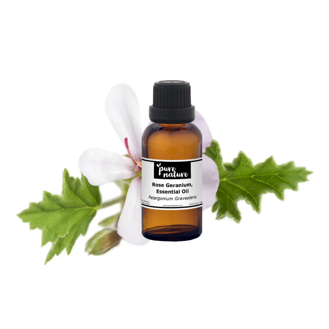 Purenaturenz Rose Geranium Essential Oil bottle with dropper cap, showcasing the amber glass container and product label.