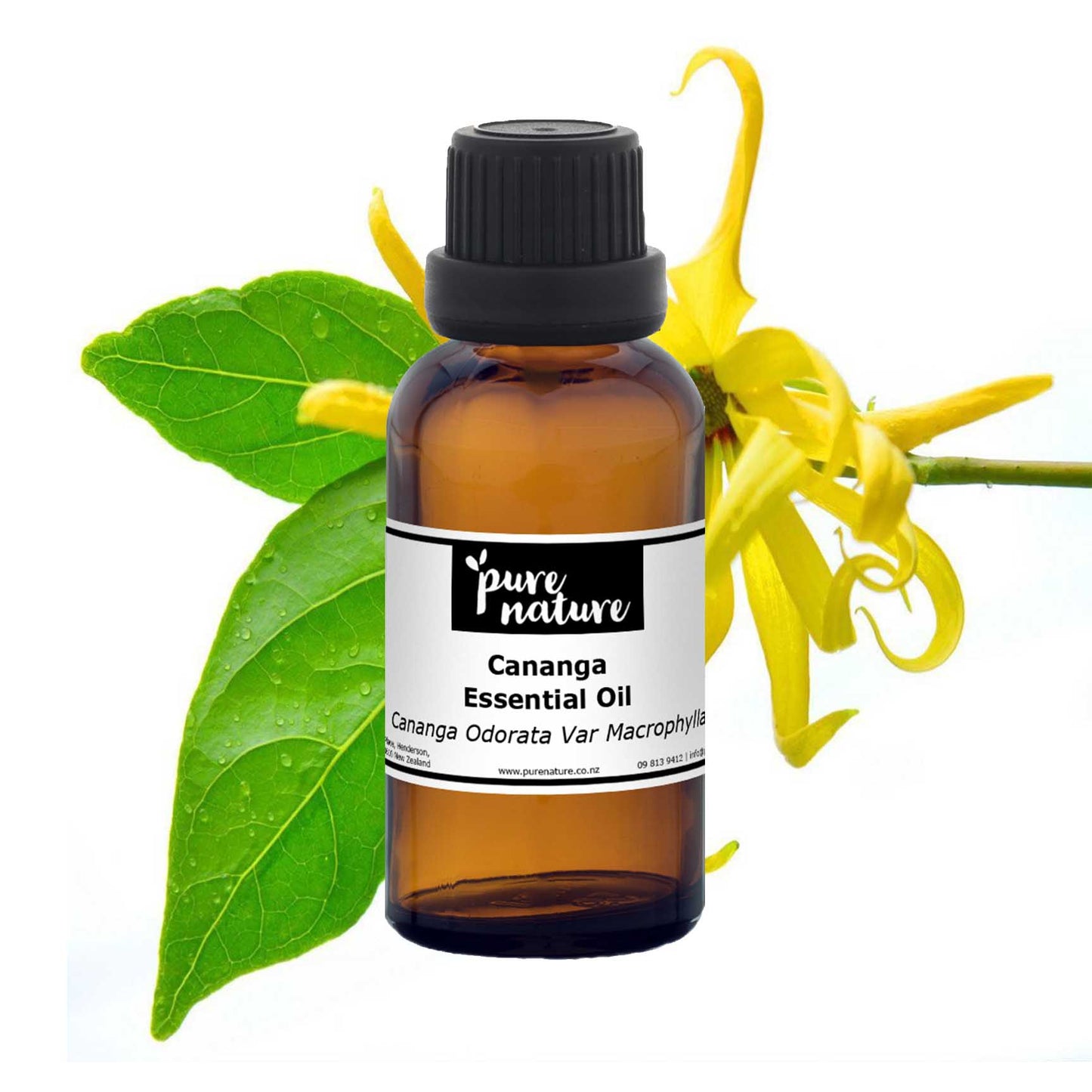 Bottle of purenaturenz Cananga Essential Oil with a clear label, showcasing the aromatic essential oil product.
