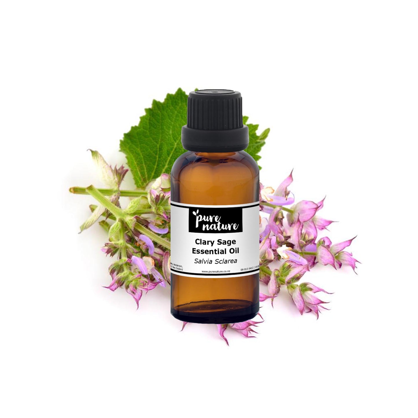 Purenaturenz Clary Sage Essential Oil bottle with dropper cap, showcasing natural herbal product for aromatherapy and wellness.