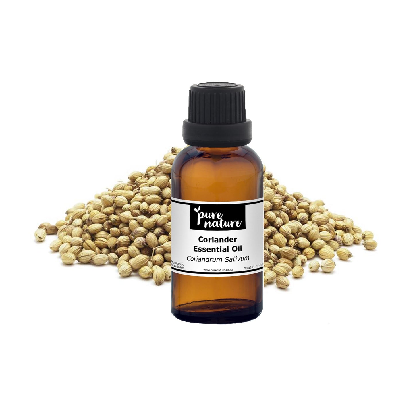 Bottle of purenaturenz coriander essential oil with fresh coriander leaves, showcasing natural herbal essential oils on a white background.