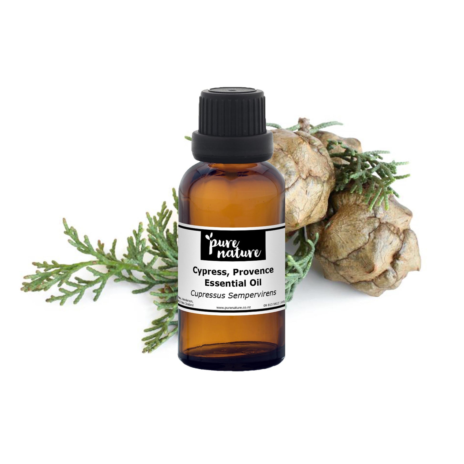 Purenaturenz Cypress Provence essential oil bottle with sprigs of cypress branches and Provence landscape in the background.