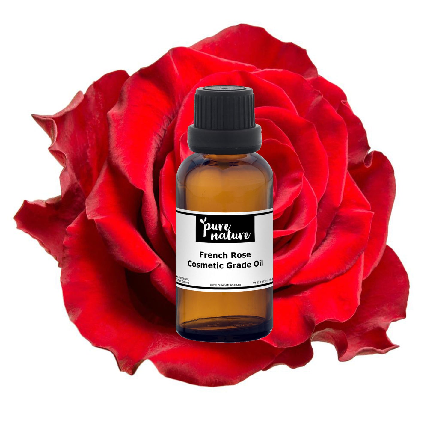 French Rose cosmetic grade essential oil in a glass bottle, showcasing the pure, fragrant floral oil from purenaturenz.