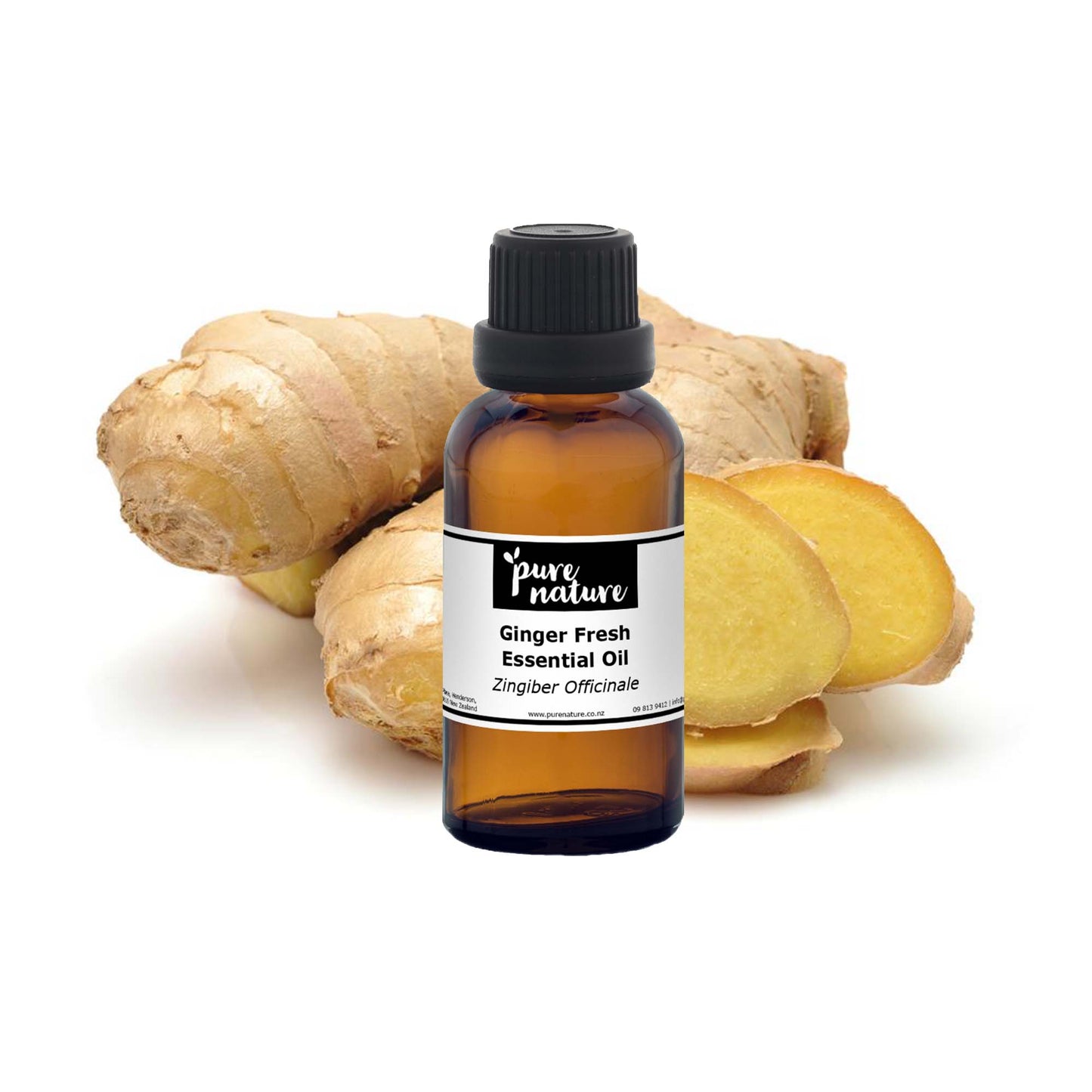 Fresh ginger essential oil bottle from purenaturenz, showcasing clear glass container with golden-colored oil inside.