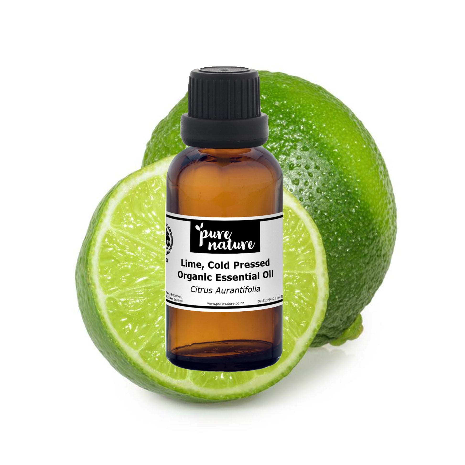 Organic cold pressed lime essential oil from purenaturenz, showing a bright green lime with a glass dropper and essential oil bottle.