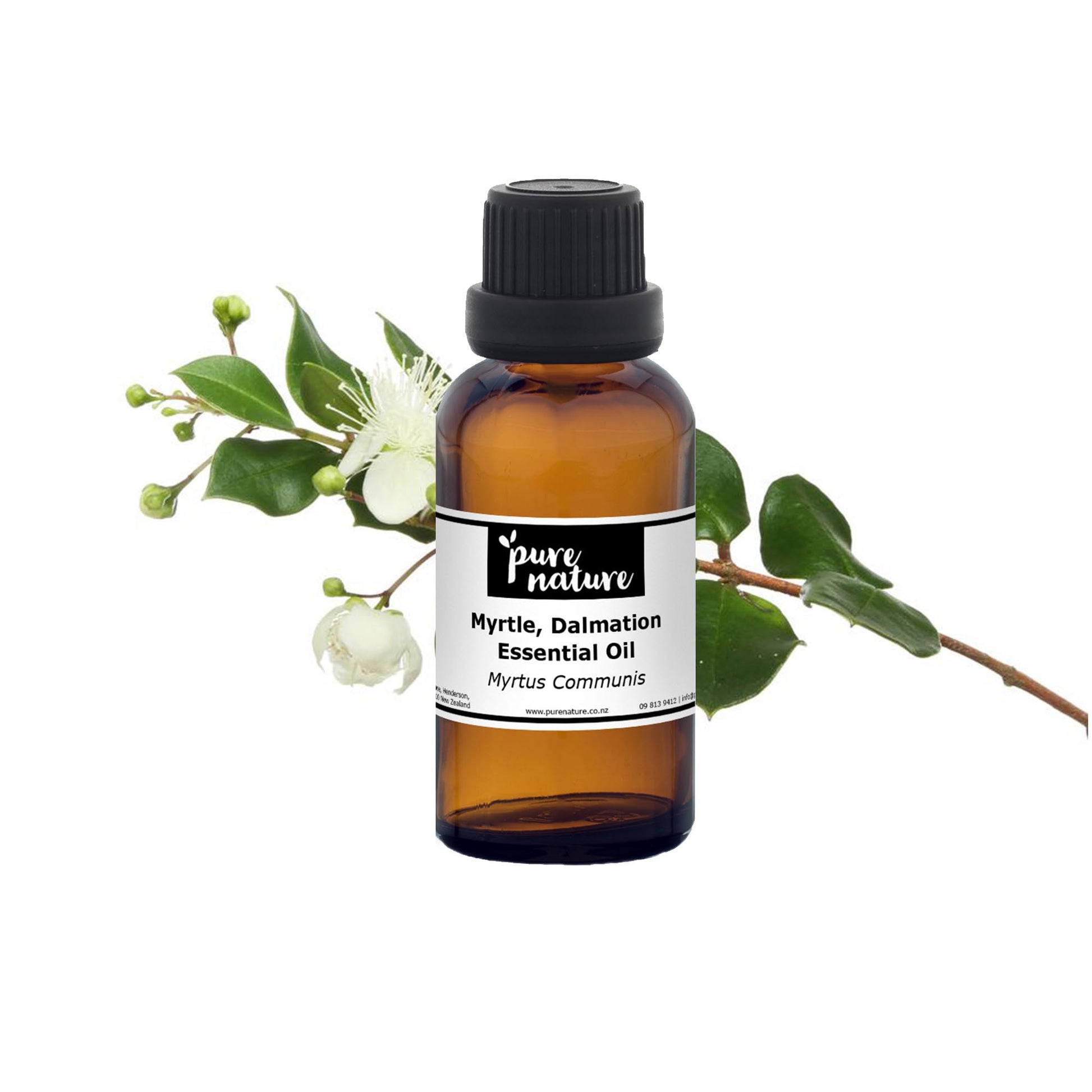 Bottle of purenaturenz Myrtle Dalmatian Essential Oil with a label, showcasing the clear, aromatic essential oil in a glass bottle.