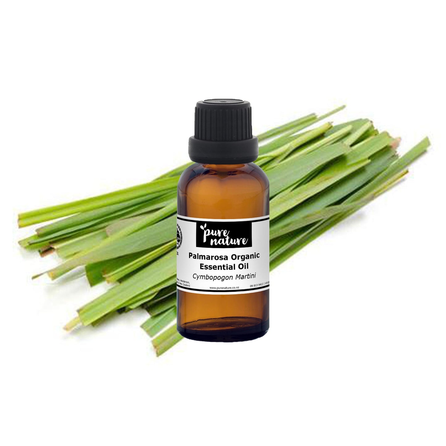 Organic palmarosa essential oil in a glass bottle, highlighting natural, pure essential oils by purenaturenz.