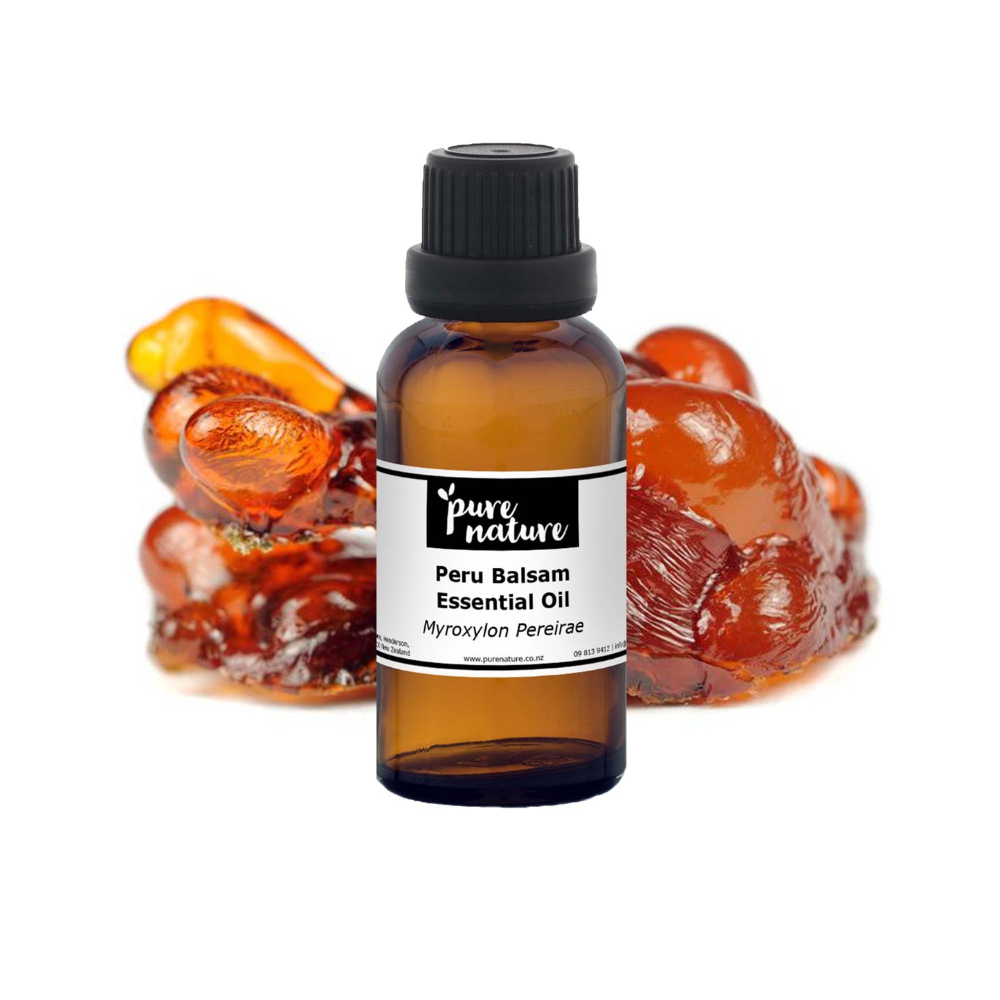 Purenaturenz Peru Balsam Essential Oil bottle with a natural label, showcasing a clear glass container and golden oil inside.