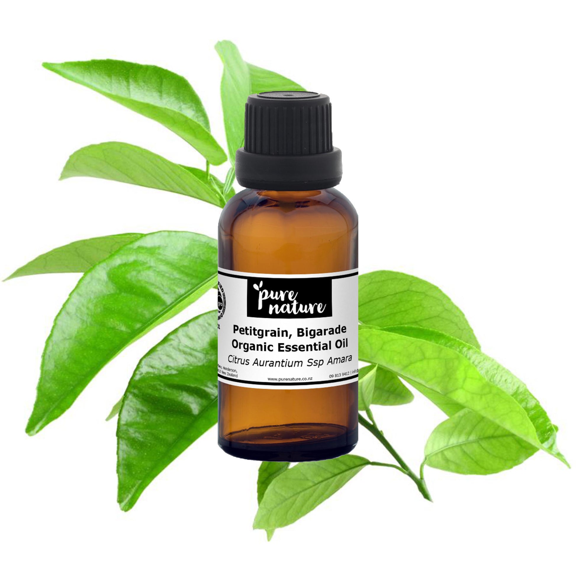 Organic Petitgrain Bigarade essential oil in a glass bottle, showcasing the natural, aromatic liquid from purenaturenz.