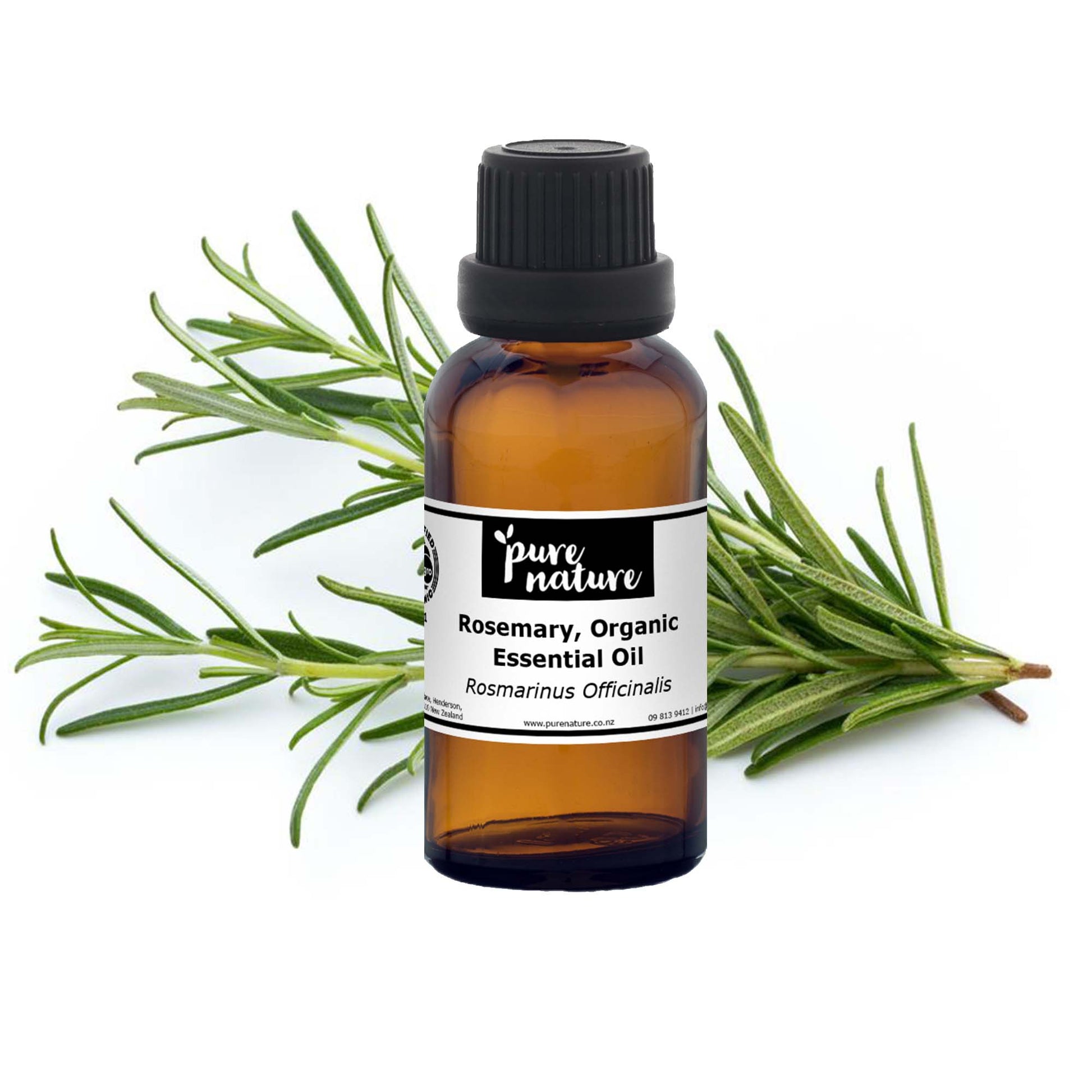Purenaturenz organic rosemary essential oil bottle with sprig of rosemary showing natural, aromatic plant for aromatherapy and wellness.