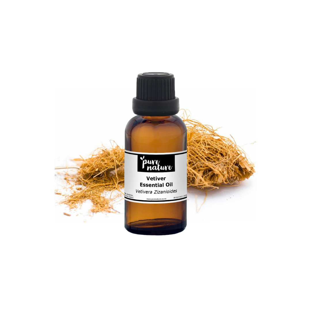Purenaturenz vetiver essential oil bottle with amber glass and dropper for aromatherapy and natural skincare use