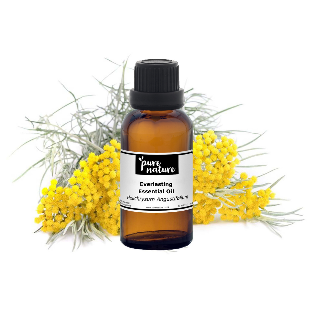 Purenaturenz Everlasting Essential Oil bottle with amber glass and white cap, labeled as pure essential oil for aromatherapy use.