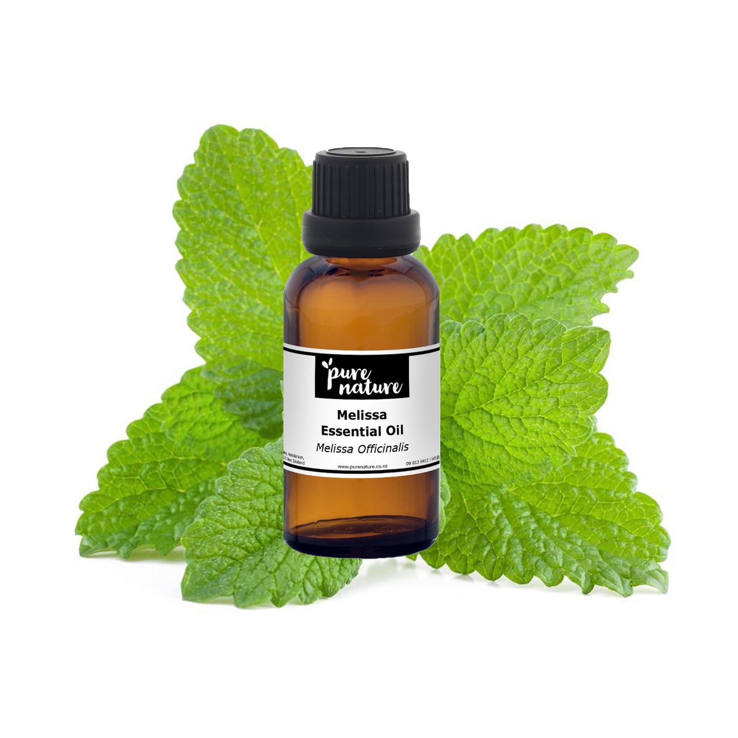 Purenaturenz Melissa lemon balm essential oil in a glass bottle with a green label, suitable for aromatherapy and natural remedies.