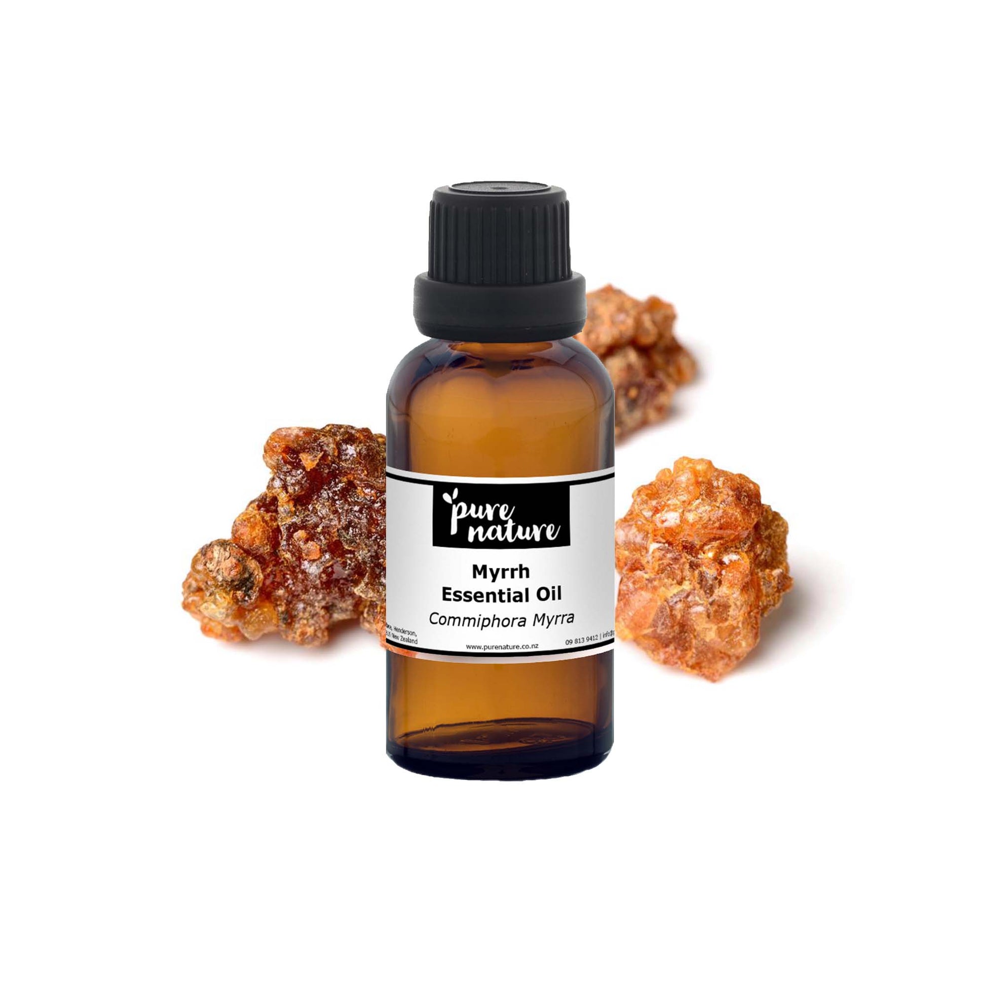Bottle of purenaturenz Myrrh Essential Oil with label, displayed on a neutral background.
