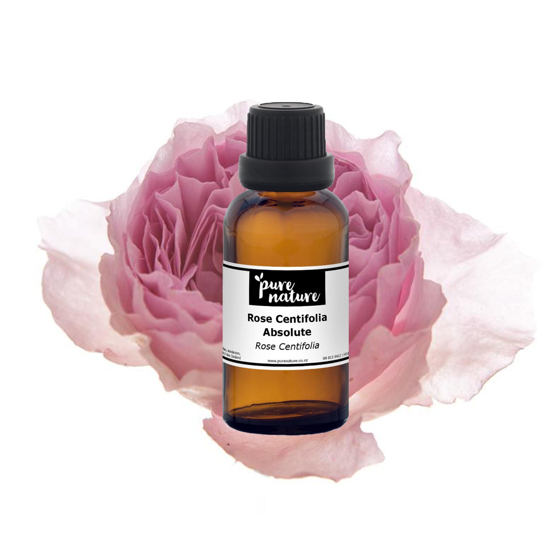 Purenaturenz Rose Centifolia Absolute essential oil in a glass bottle with a rose flower and green leaves.