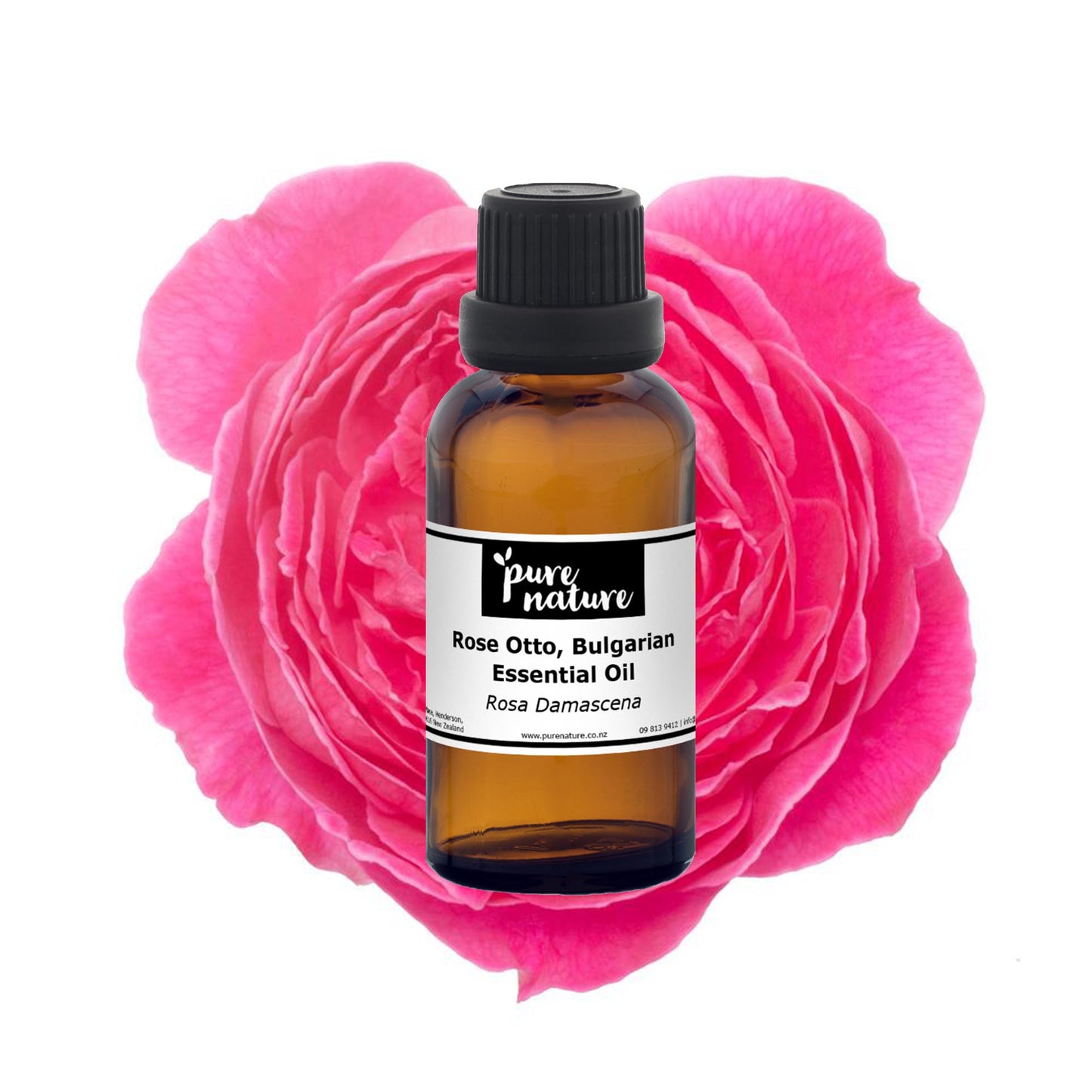 Bulgarian Rose Otto essential oil bottle from purenaturenz with a floral design label, highlighting natural, aromatic oil.