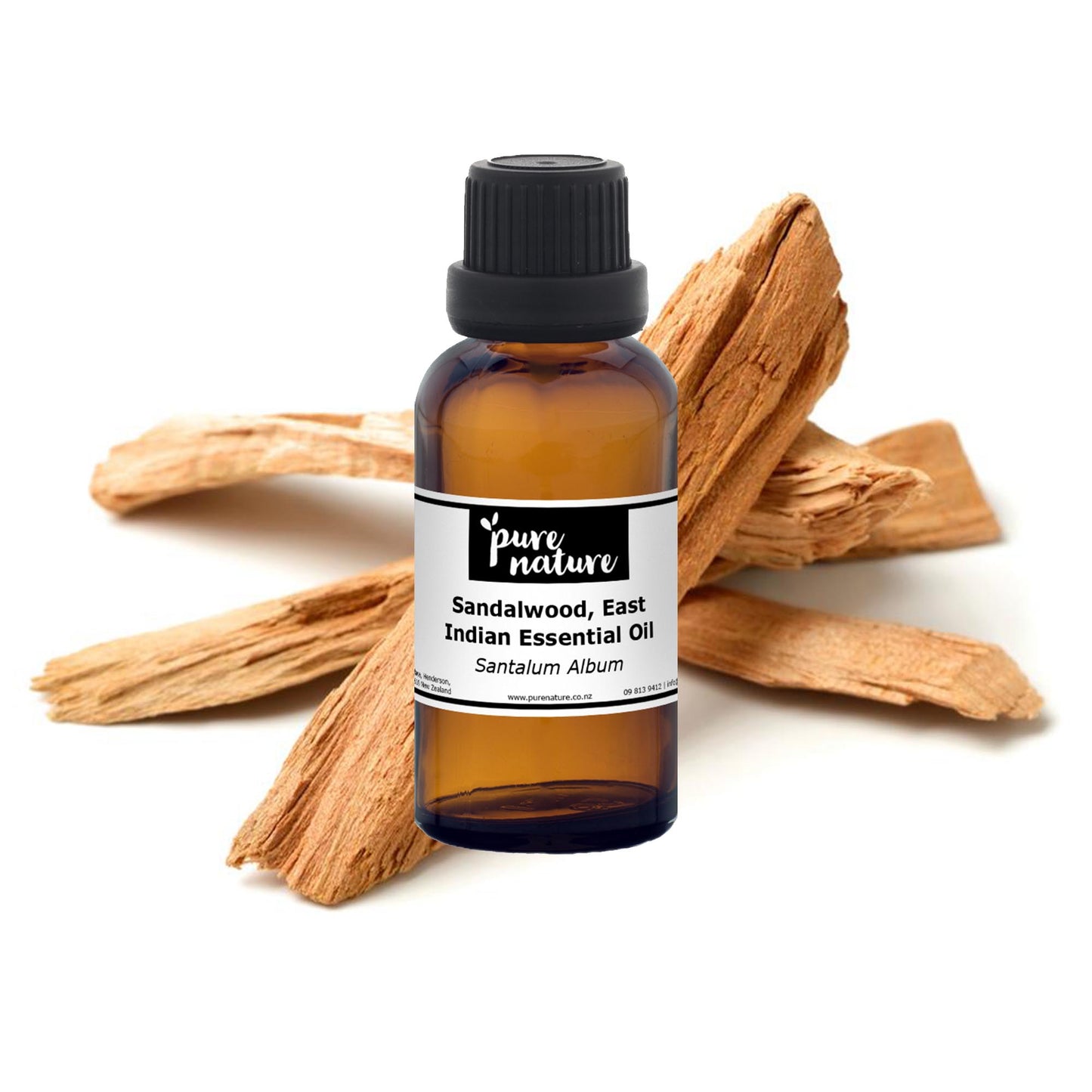 East Indian sandalwood essential oil from purenaturenz, glass bottle with amber liquid, highlighting natural aromatic scent.